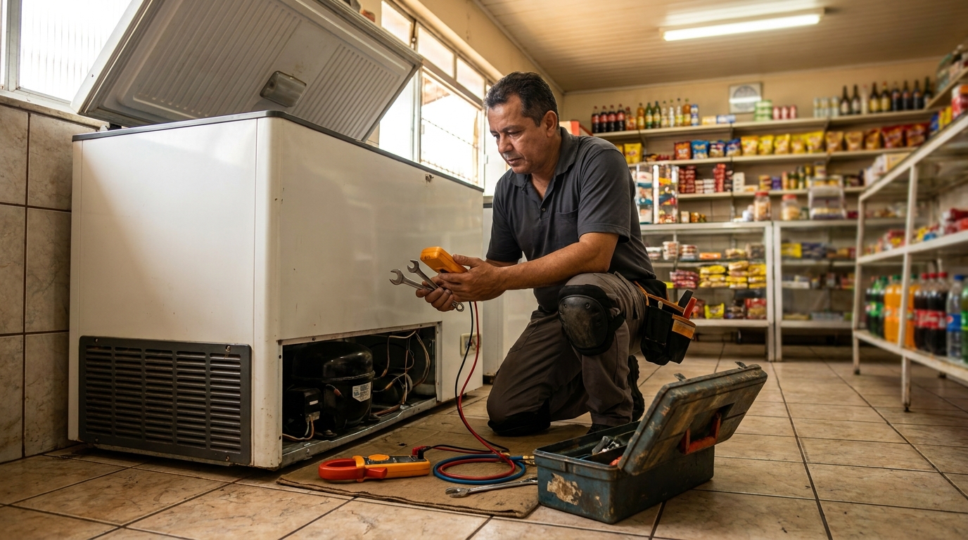 Técnico realizando manutenção de motor de freezer em Juiz de Fora‑MG