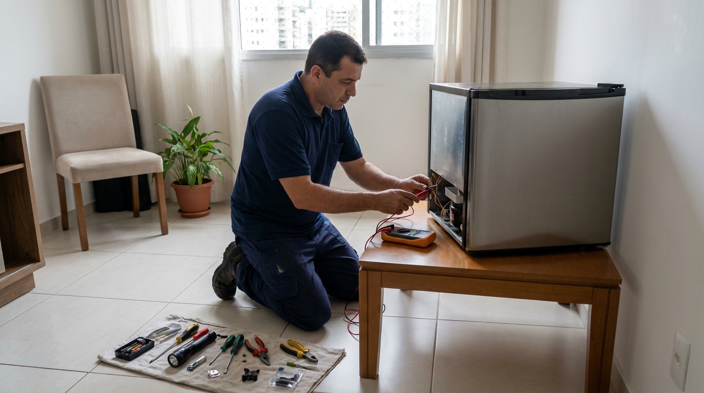 Técnico realizando manutenção de motor de frigobar em Juiz de Fora‑MG