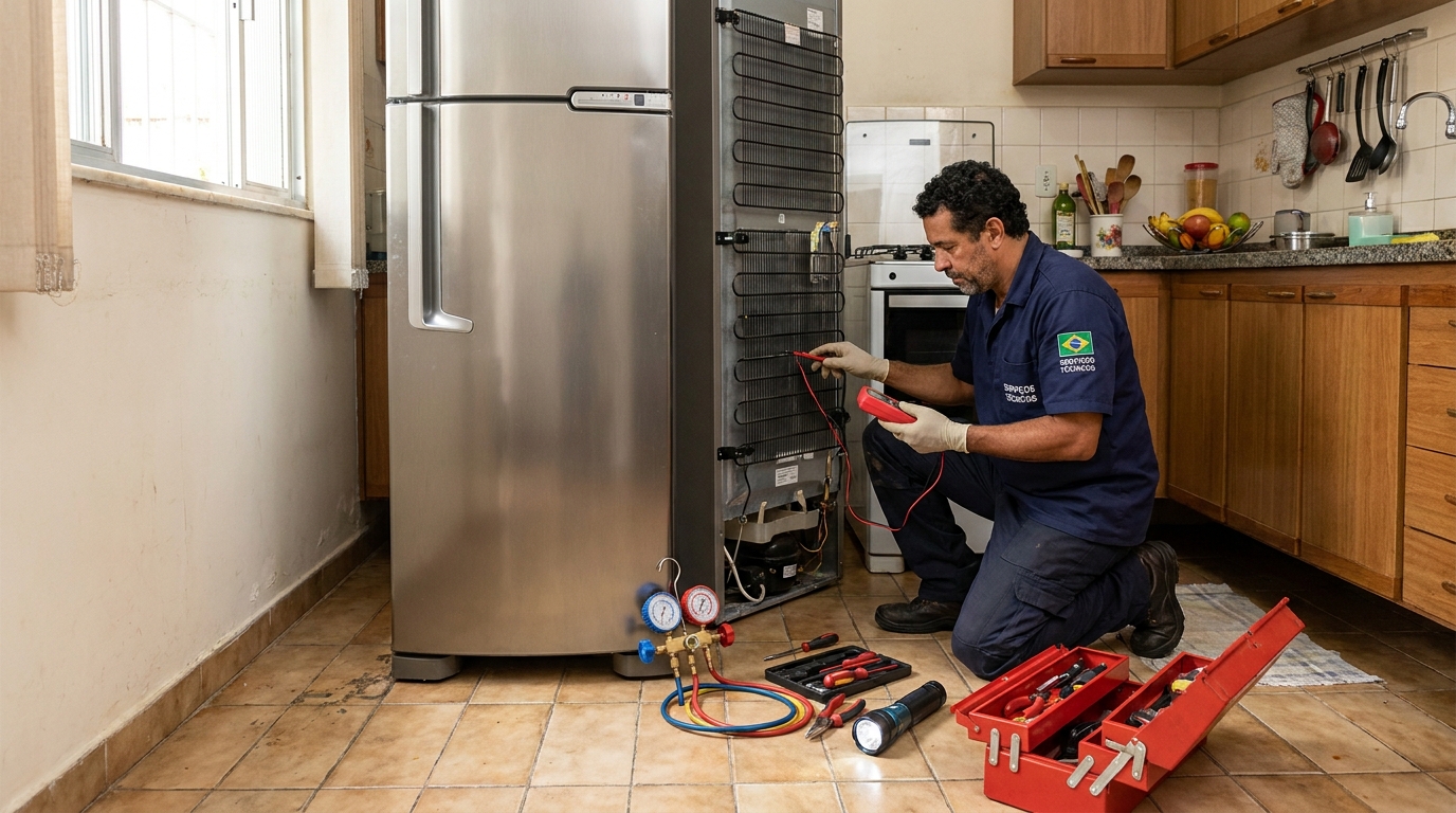 Técnico realizando manutenção de motor de geladeira em Juiz de Fora‑MG